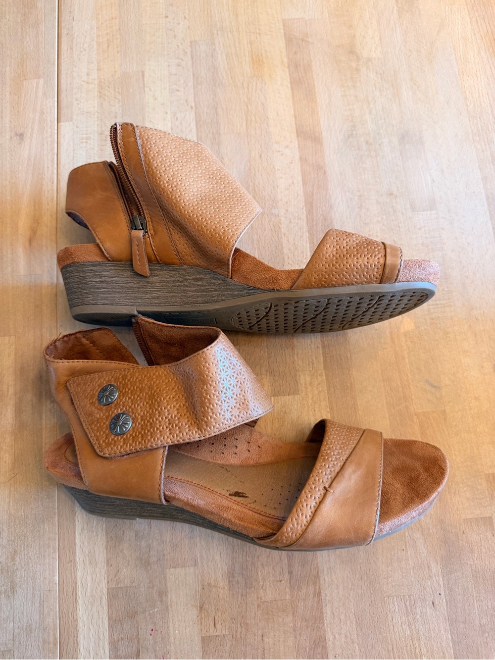Rockport “Hollywood” Two Cuff Leather Wedge Sandals - Brown Leather